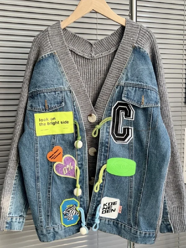 Letter Badge Denim Patchwork Knit Cardigan