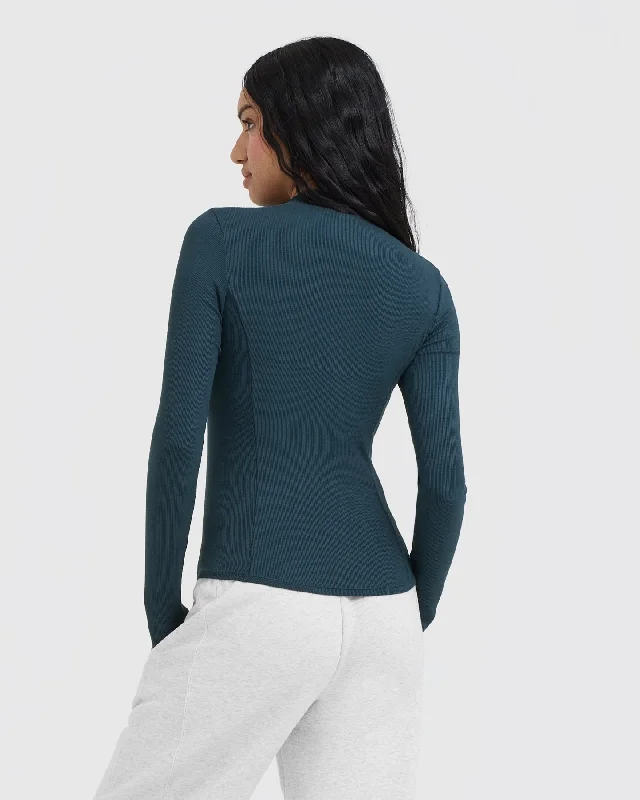 Mellow Rib Mock Neck Long Sleeve Top | Oil Blue