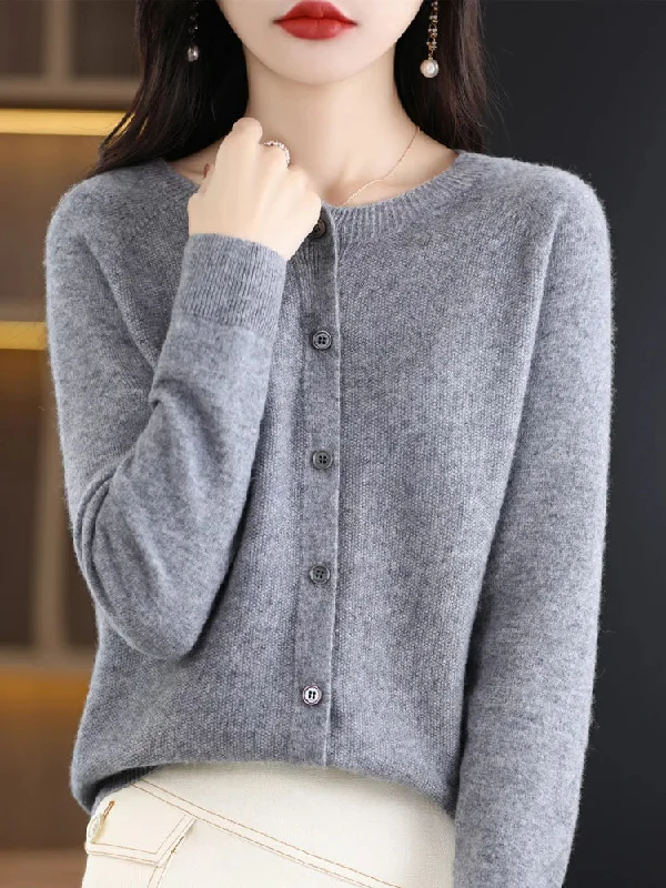 New Fashion Autumn 100% Pure Merino Wool Womens O-neck Cardigan Cashmere Sweater 2023 Female Clothing Grace Knitwear Korean Tops