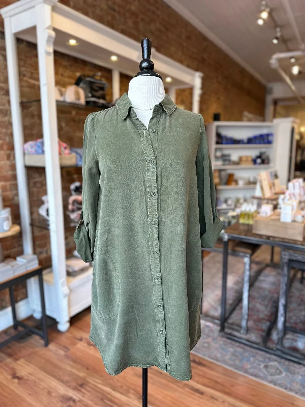 Roll-Up Long Sleeve Shirt Dress in True Olive