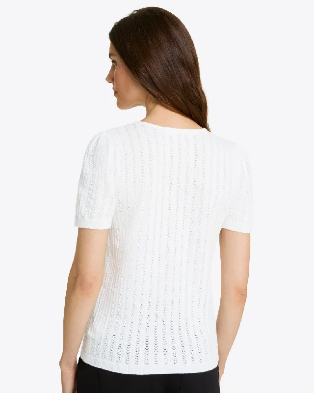 Short Sleeve Sweater in White Pointelle