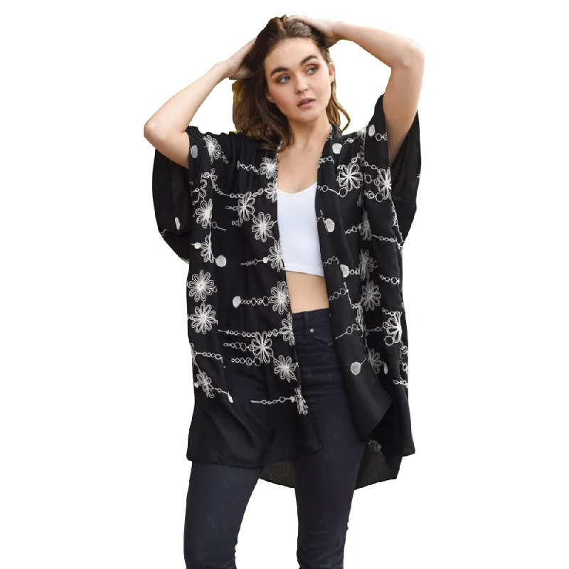 Stitched Black Daisy Long Kimono