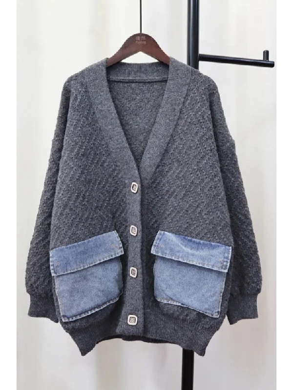 Weave Knitting Flap Pockets Cardigan