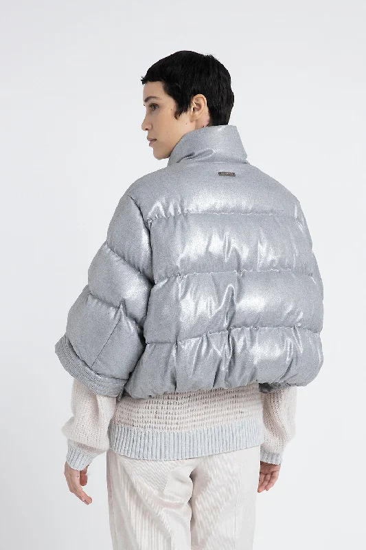 Short down jacket in laminated viscose blend flannel