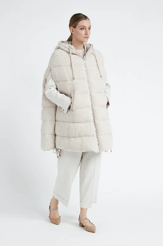 Sleeveless midi down jacket in wool bouclé fabric