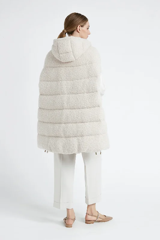 Sleeveless midi down jacket in wool bouclé fabric