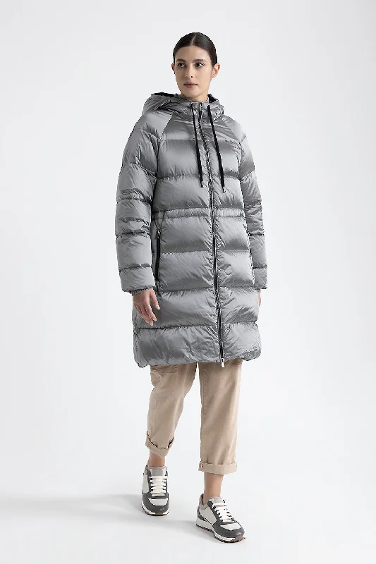 WR nylon twill long hooded down coat