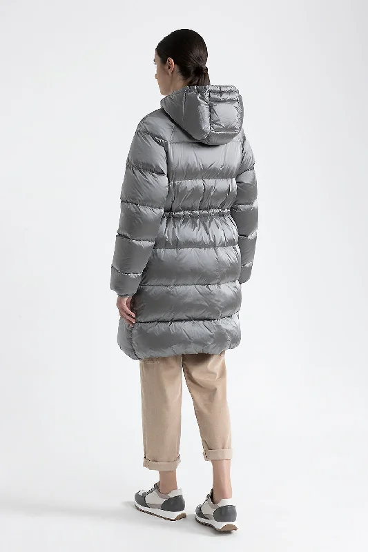 WR nylon twill long hooded down coat