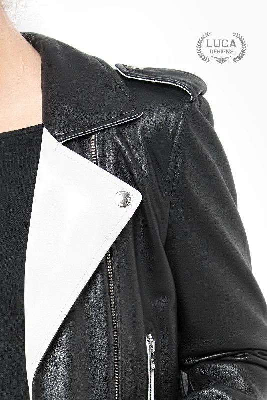 Womens Fashion Leather Jacket Black White Contrast