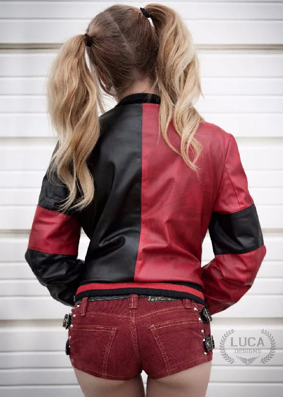 Womens Harley Quinn Bomber Leather Jacket Black and Red