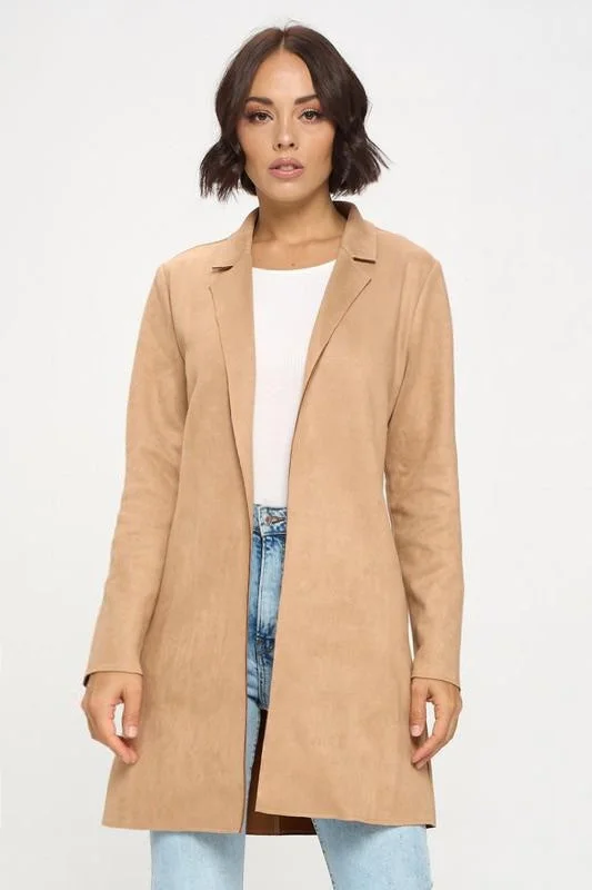 Camila, Long sleeve side pocket suede coat