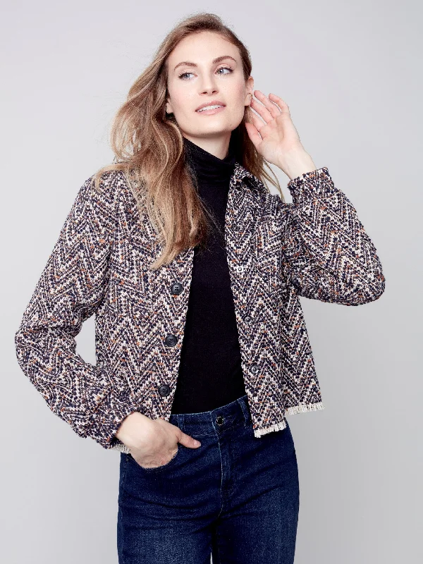 Chevron Tweed Short Jacket - Navy