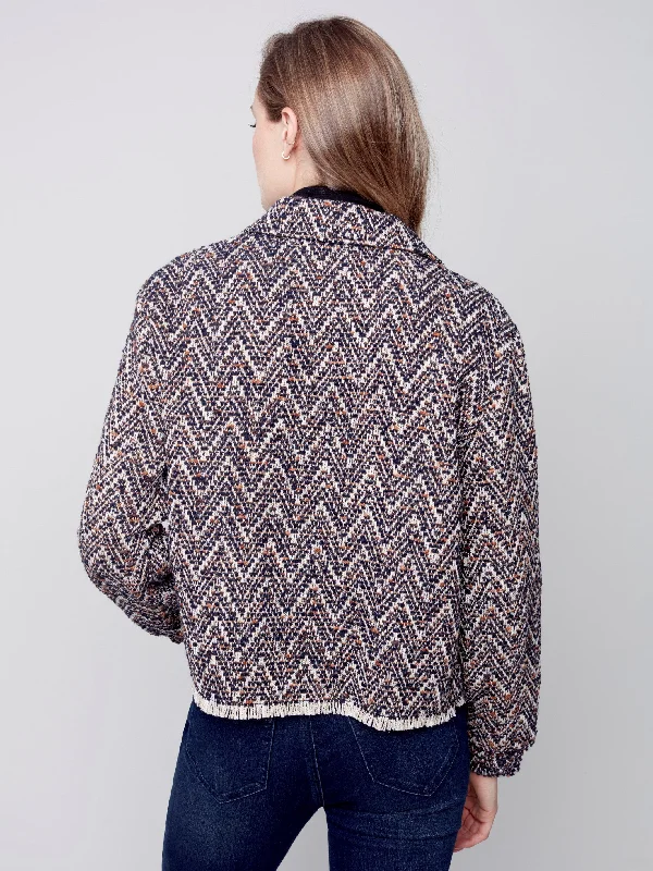 Chevron Tweed Short Jacket - Navy