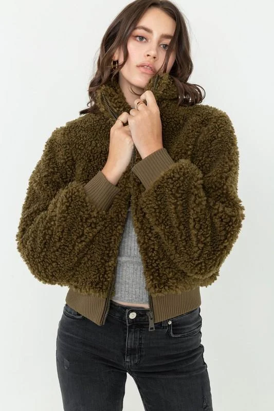 Vivian, Soft Fur Zip Up Long Sleeve Bomber Jacket