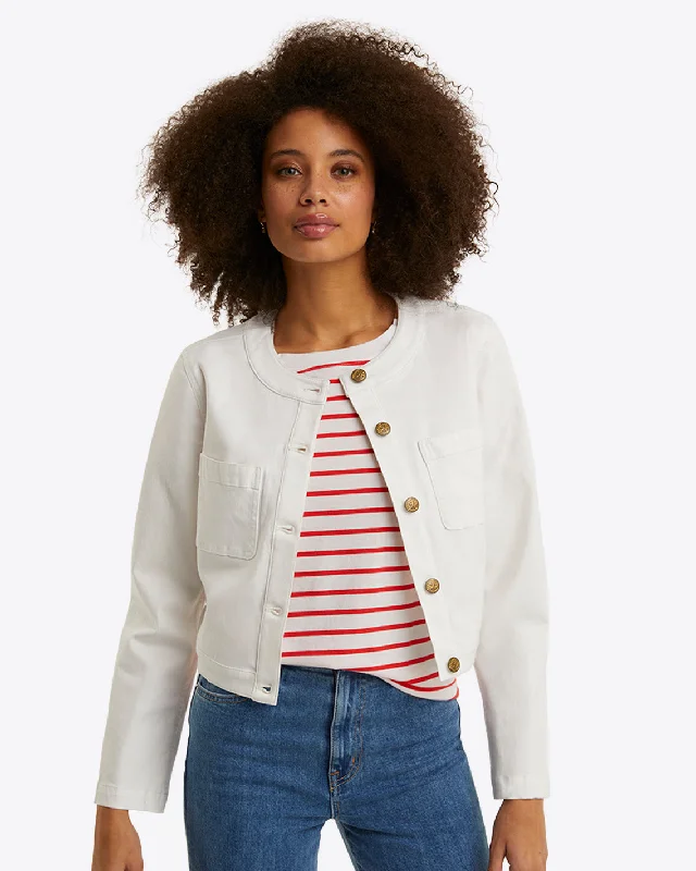 Collarless Jacket in White Denim