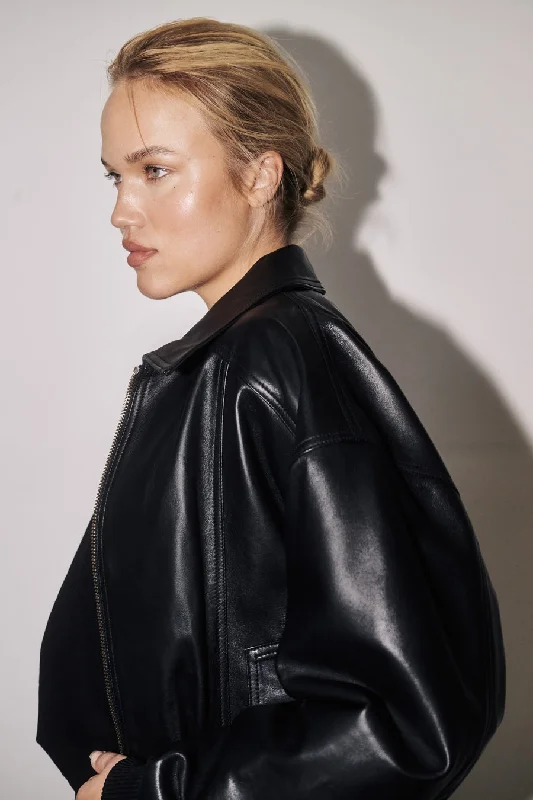 HUTTON BLACK LEATHER BOMBER JACKET