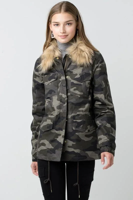 London, Camo Faux Fur Utility Anorak Jacket