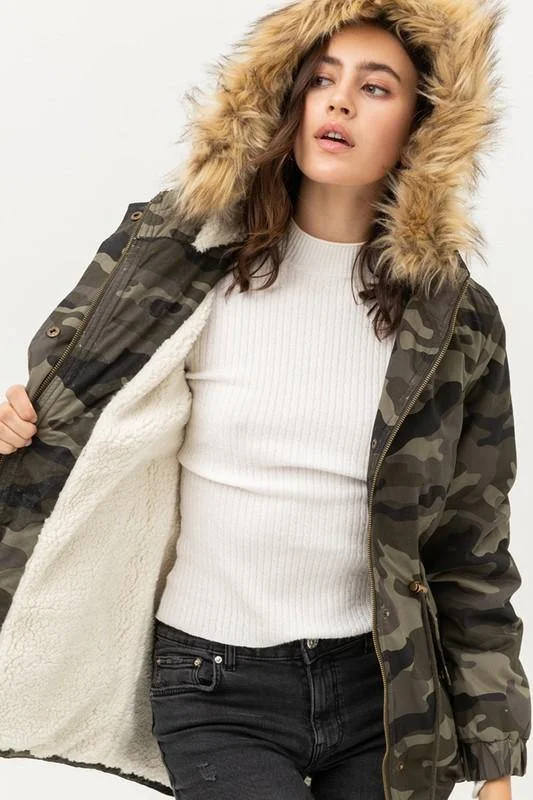 Kendall, Camouflage Pile Lined Faux Fur Hooded Jacket