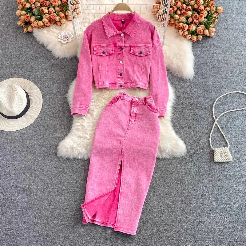 Pink denim jacket short women's jacket top two-piece suit mid-length skirt        S4220