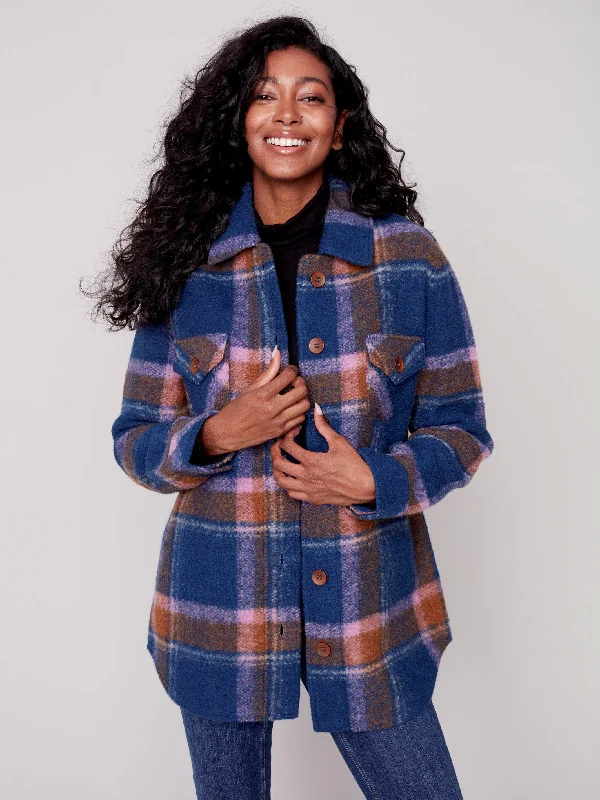 Plaid Boiled Wool Shirt Jacket - Denim