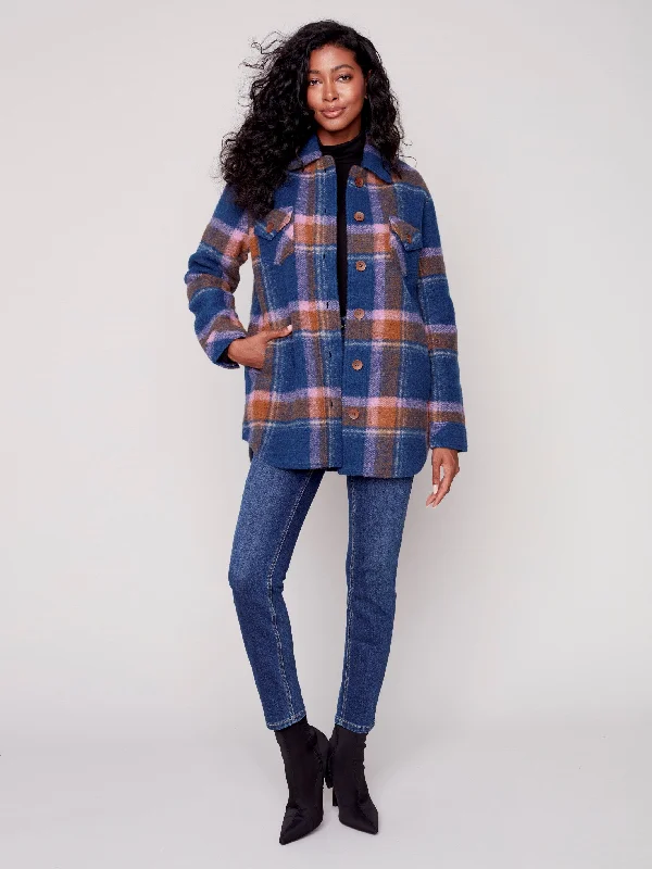 Plaid Boiled Wool Shirt Jacket - Denim