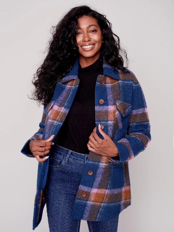 Plaid Boiled Wool Shirt Jacket - Denim