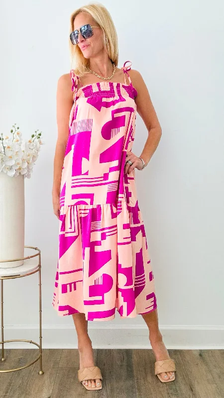 Abstract Pattern Tie Strap Midi Dress