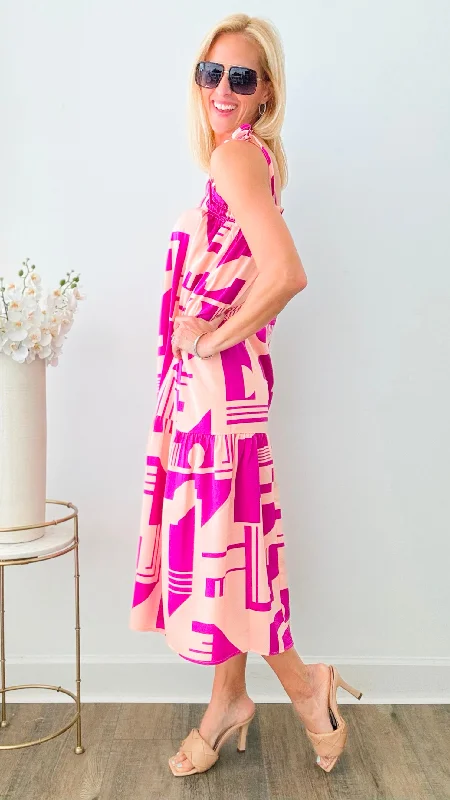 Abstract Pattern Tie Strap Midi Dress