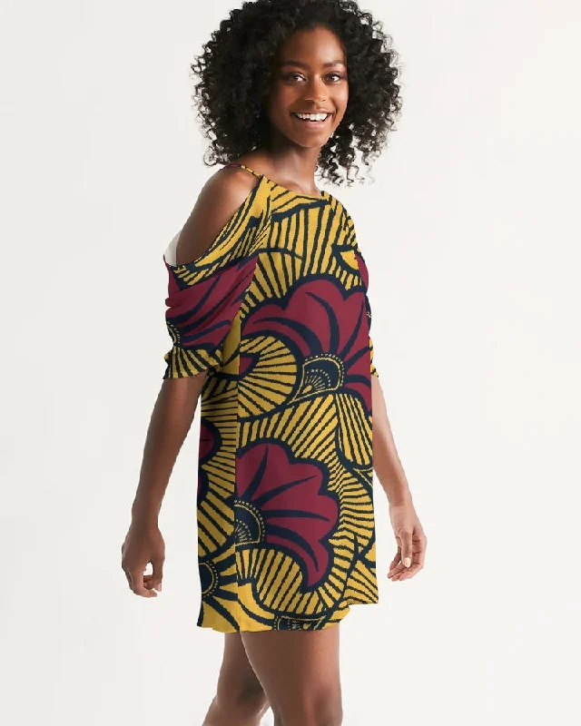 AKH African Fleurs Rouges Women's Open Shoulder A-Line Dress