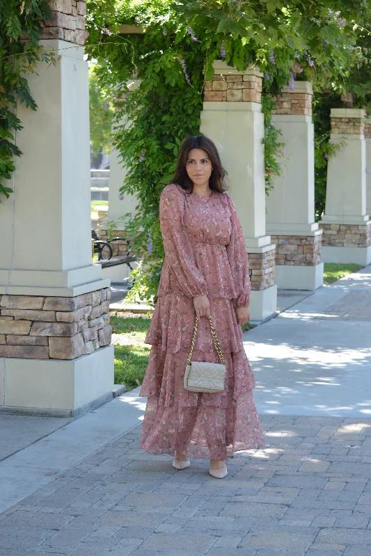 Bella Pink Floral Ruffled Maxi Dress