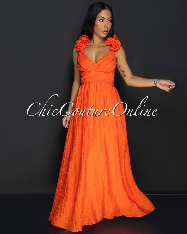 Cianna Orange Ruffle Lace-Up Back Maxi Dress