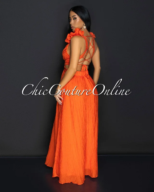 Cianna Orange Ruffle Lace-Up Back Maxi Dress