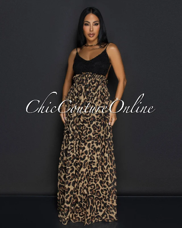 Corena Leopard Black Lace Open Back Maxi Dress