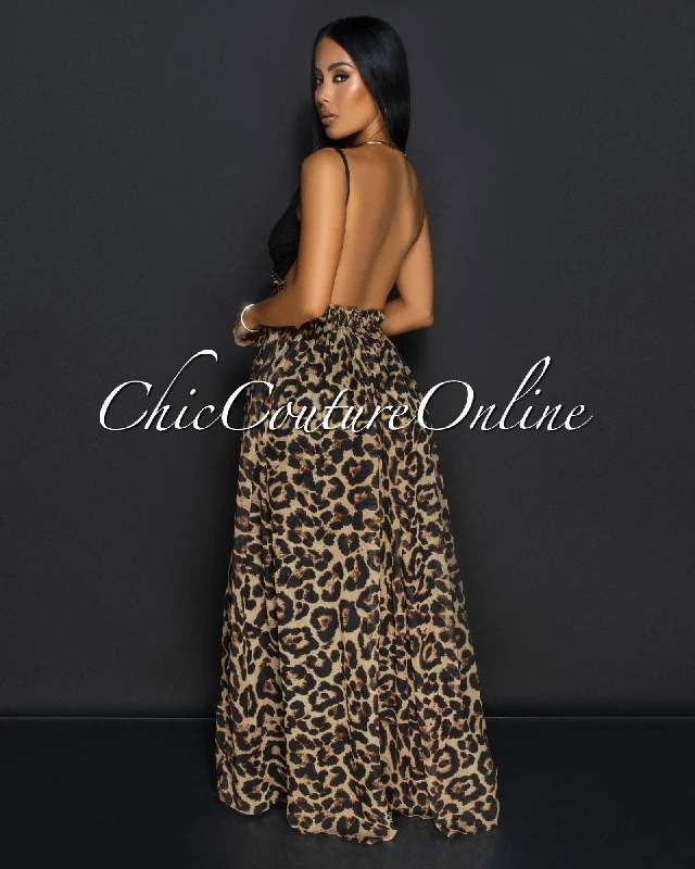 Corena Leopard Black Lace Open Back Maxi Dress