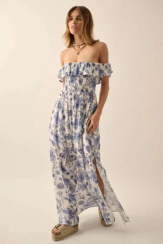 Cornflower Sky Floral Off-Shoulder Maxi Dress