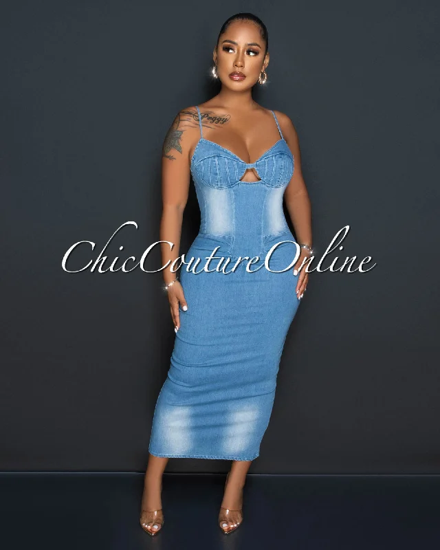 Donita Light Blue Denim Draped Fitted Midi Dress