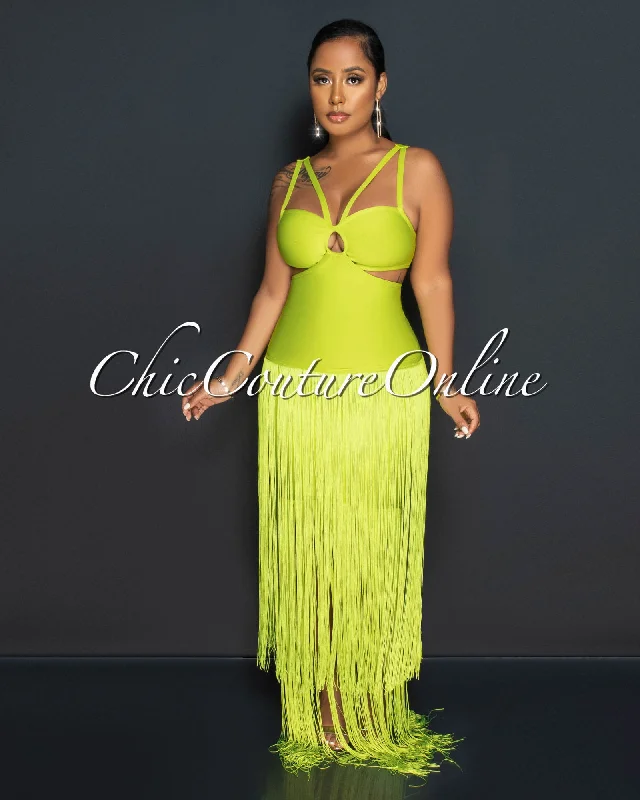 Evelyn Lime Cut-Out Fringe Hem Bandage Dress