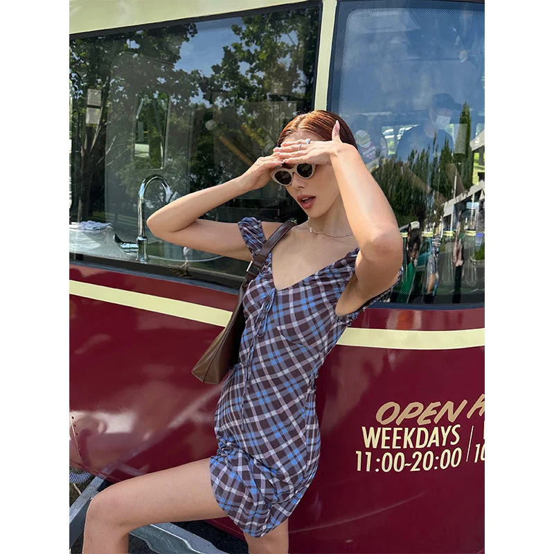 Grazelda Blue Plaid Retro V-neck Backless Off-the-Shoulder Wide Sleeve A-line Mini Dress