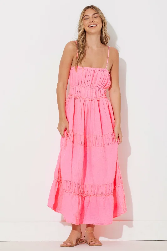 Hot Pink Solid Gauze Maxi Dress