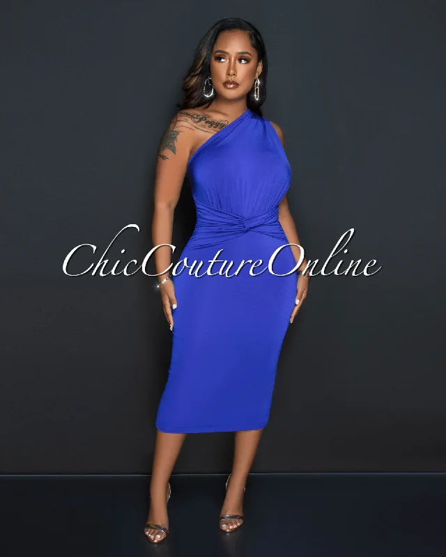 Idris Royal Blue Single Shoulder Front Knot Midi Dress