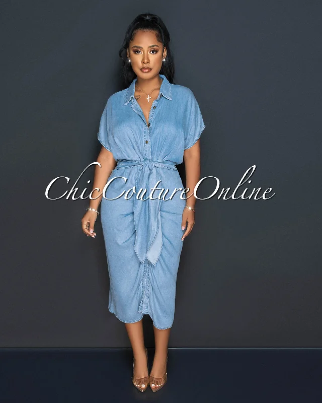 Kadra Light Blue Draped Front Buttons Shirt Chambray Dress