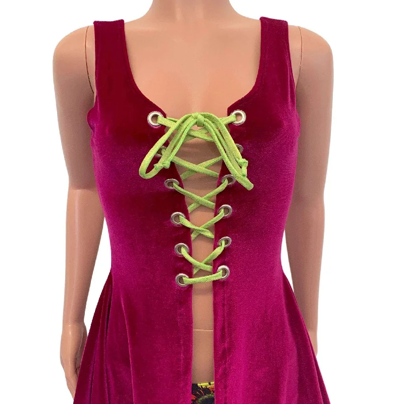 Lace-Up Open-Front Dress - Fuchsia Pink Velvet