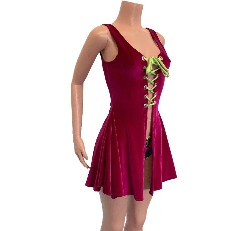 Lace-Up Open-Front Dress - Fuchsia Pink Velvet