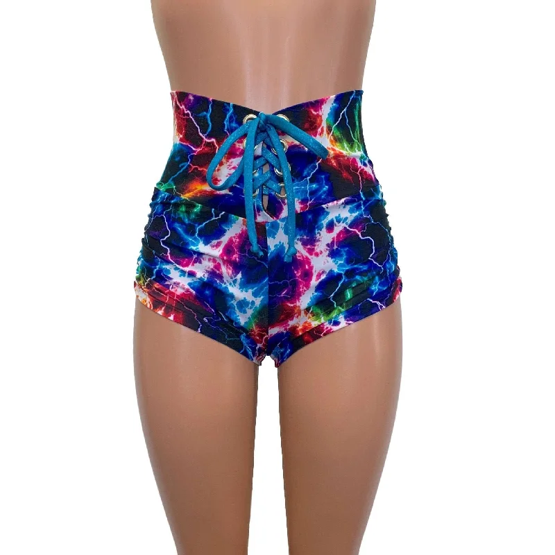 Lace-Up Ruched High Waist Booty Shorts - Sparkle Cosmic Thunder