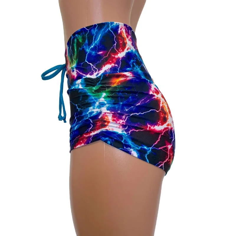 Lace-Up Ruched High Waist Booty Shorts - Sparkle Cosmic Thunder