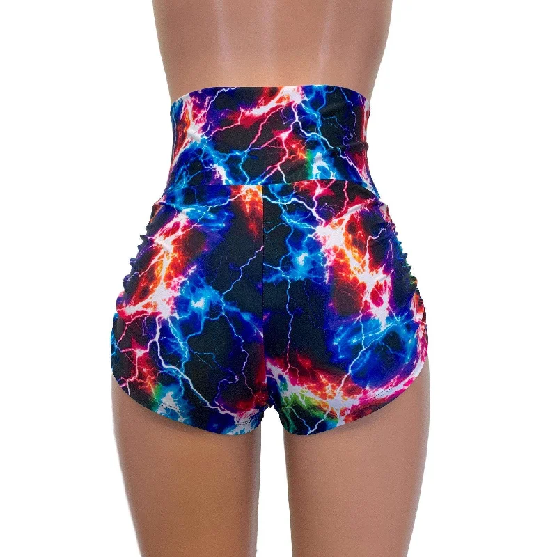 Lace-Up Ruched High Waist Booty Shorts - Sparkle Cosmic Thunder