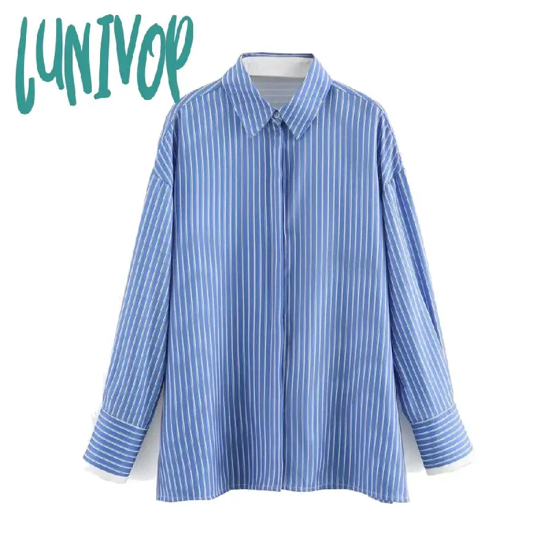 Lunivop Blue Striped Blouses Women 2024 Spring New Chic Single Breasted Long Sleeve Lapel Collar Split Shirts Casual Fashion Blouse Lady