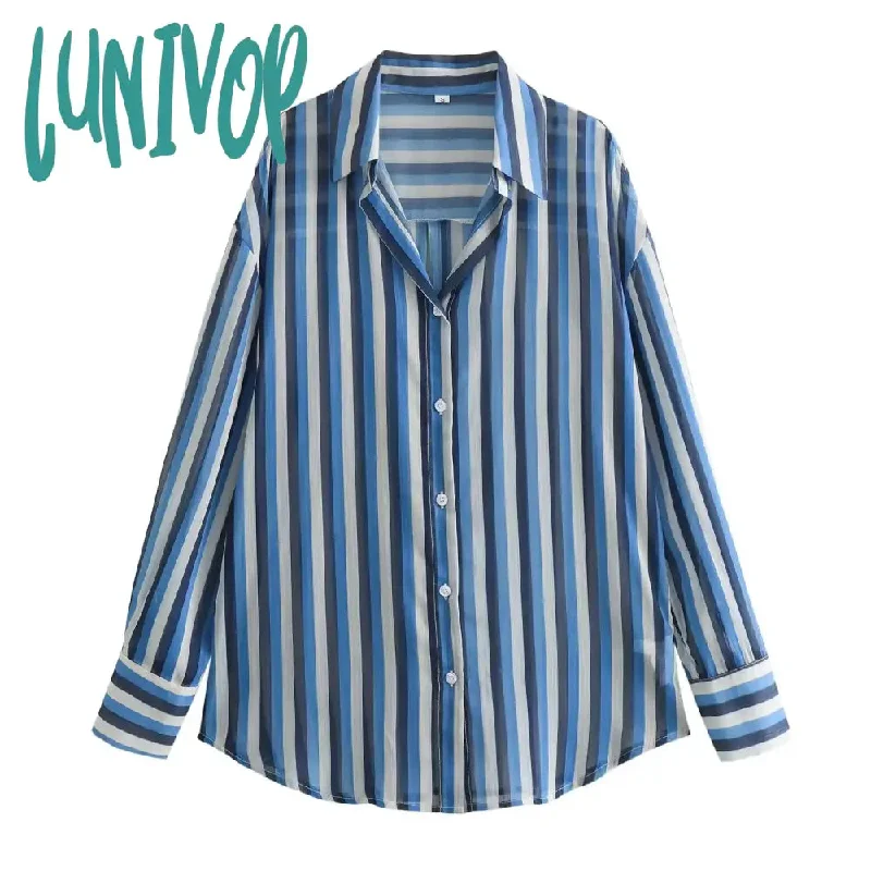 Lunivop Classic Striped Contrast Blouses 2024 New Long Sleeve Lapel Collar Single Breasted Blouse Women Casual Chic Transparent Shirts