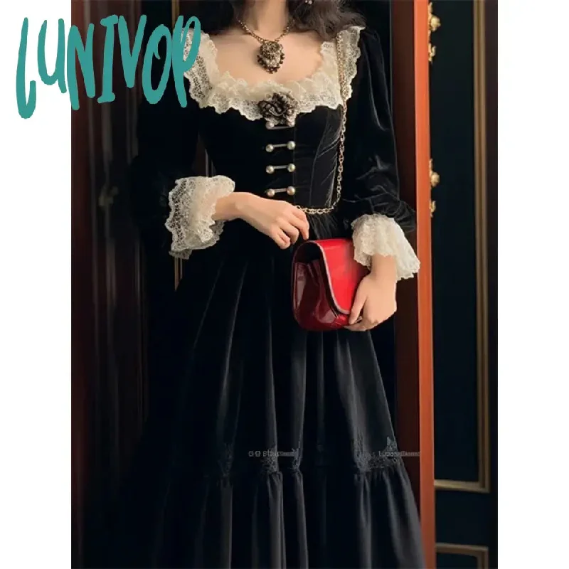 Lunivop Elegant Women Dress Black Vintage Velvet Long Sleeve Gothic French Style Office Ladies Y2K Casual Evening Party Dresses