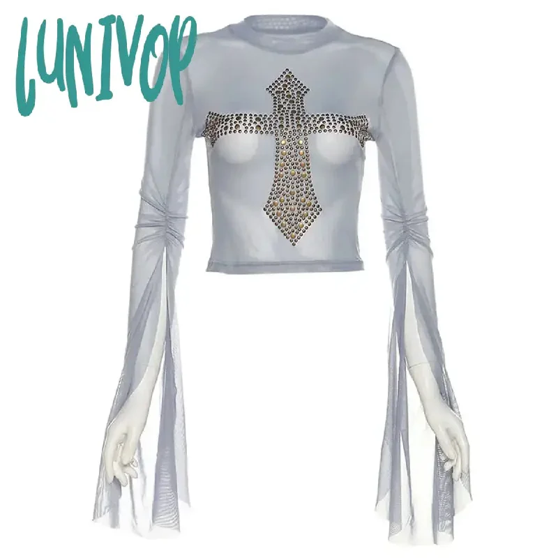 Lunivop  Goth Mesh Tops Women Harajuku Fashion Y2k Cross Print CropT Shirt Fairy Grunge Sexy Long Sleeve Tees See Through Shirts